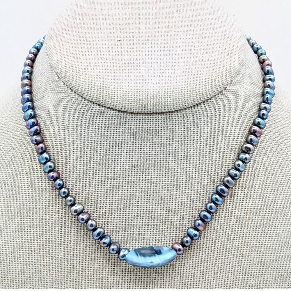 VTG 925 Sterling Silver Spring Ring Clasp 5MM Freshwater Peacock Pearl Necklace